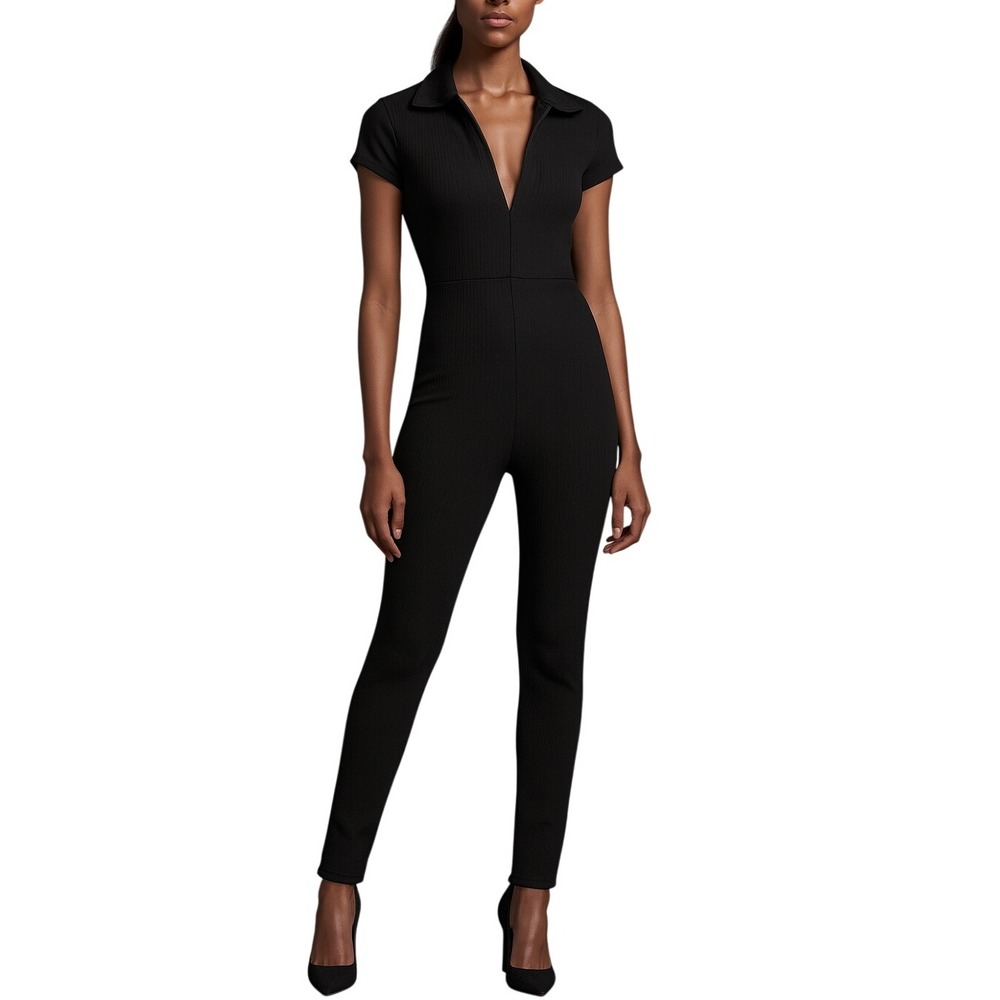 PrettyLittleThing Black Ribbed Minimalist Jumpsuit Collar Neck Romper Size 8 New